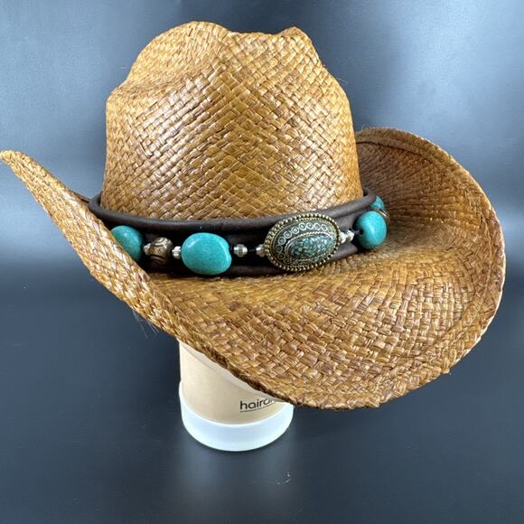 Shady Brady Straw Hat Medium Western USA Brown Band Turquoise/Stone Details - Picture 1 of 15